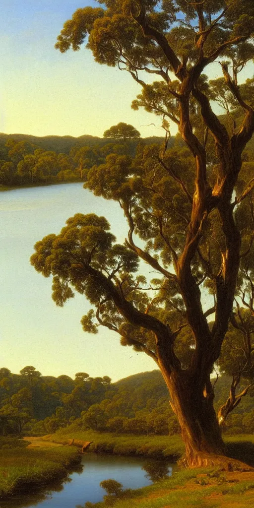 Image similar to landscape painting of a old blue gum tree next to a meandering river by hudson river school, bright sunlight, artstation