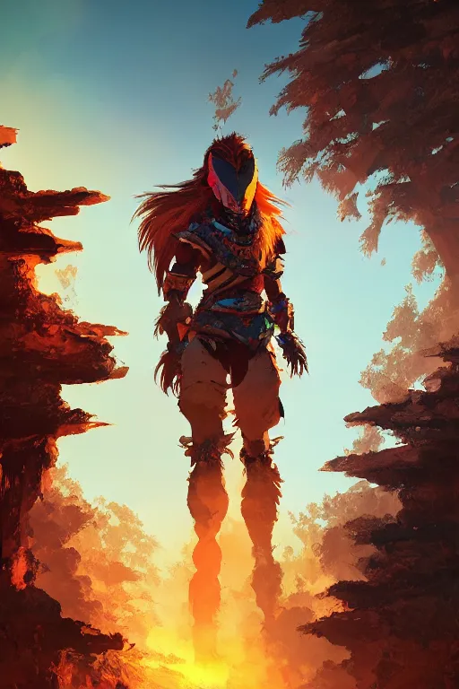 Image similar to combination suit armor aloy horizon forbidden west horizon zero dawn radiating a glowing aura global illumination ray tracing hdr fanart arstation by ian pesty and alena aenami artworks in 4 k tribal robot ninja mask helmet backpack