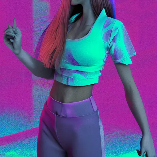 Image similar to realistic product mock up of a woman wearing an all over print crop top in the style of vaporwave and synthwave, 8 k realistic photo