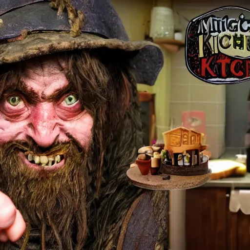 Prompt: british magical hobo breaks into some ork's kitchen and attacks them, orc kitchen, 4 k, detailed, real life photo