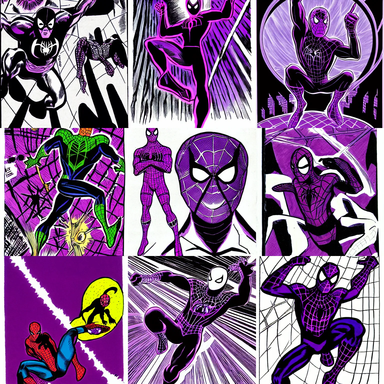 Prompt: black and purple spiderman drawn in comic book art style by steve ditko