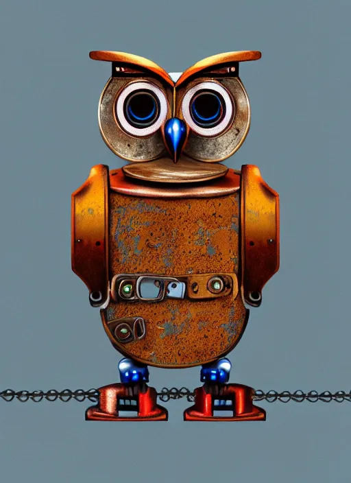 Image similar to colored pencil and pen drawing of an animatronic robot owl, bird made from rusty old keys and padlocks, 4 k photorender realityengine