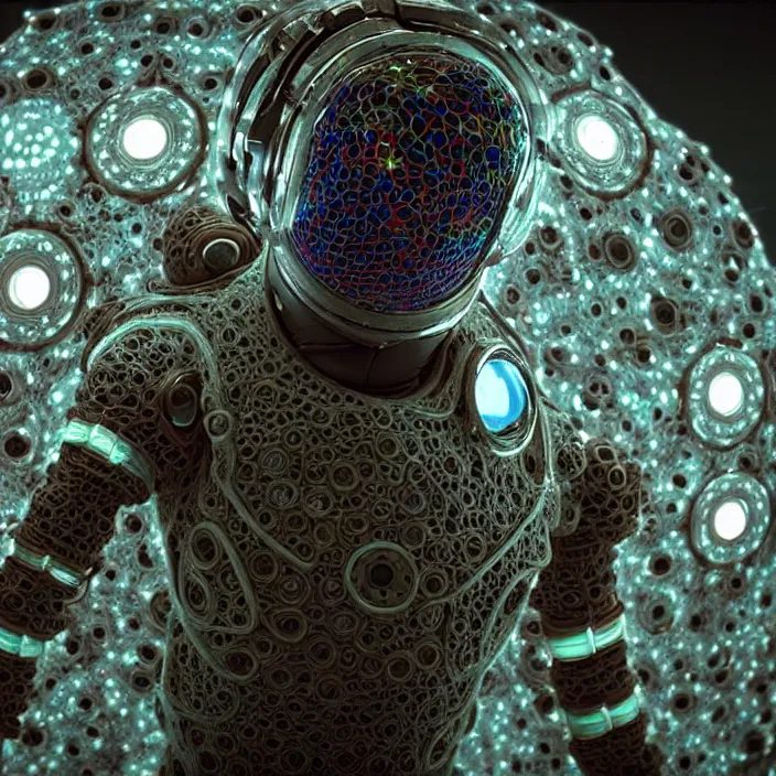 Image similar to a cybernetic symbiosis of a single astronaut mech-organic eva suit made of pearlescent wearing knitted shiny ceramic multi colored yarn thread infected with diamond 3d fractal lace iridescent bubble 3d skin dotted covered with orb stalks of insectoid compound eye camera lenses floats through the living room, film still from the movie directed by Denis Villeneuve with art direction by Salvador Dalí, wide lens,kevlar,carbon fiber,ceramics,gaseous materials,