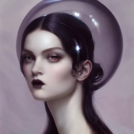 Prompt: By Tom Bagshaw, ultra realist soft painting render of a beautiful face horned single porcelain female in long curvy gothic dress looking inside a floating transparent glass sphere, reflection and refraction, symmetry accurate features, very intricate details, deep fog, dark fantasy background, artstation