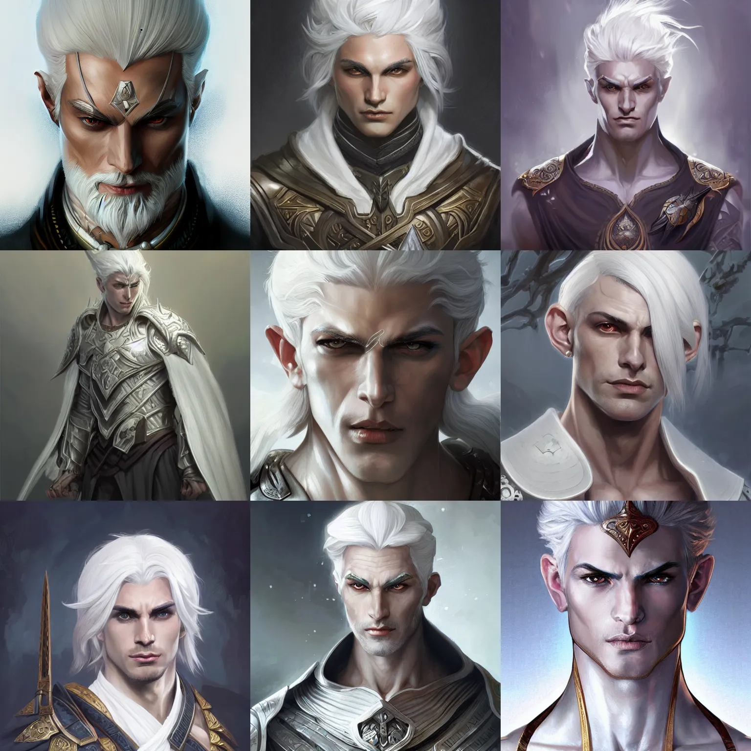 Prompt: male dark elf warrior, elegant, intricate, white hair, headshot, D&D, fantasy, highly detailed, digital painting, artstation, concept art, sharp focus, illustration, art by artgerm and greg rutkowski and alphonse mucha