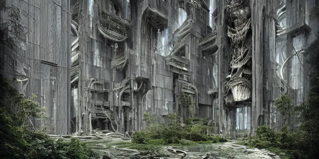 Prompt: rainforest techno temple designed by h. r. giger, dystopian futurist, apocalyptic : : very realistic representation usign concrete, wood and glass, exterior view