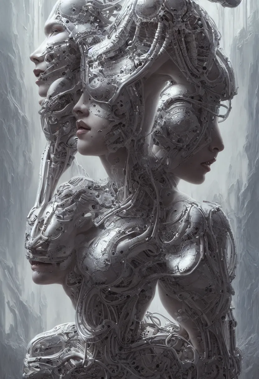 Prompt: beautiful white cyborg goddess, by william - adolphe bouguereaum artgerm and hr giger and zdzislaw beksinski, matte painting, hyperdetailed, symmetry, art nouveau, beautiful render, concept art