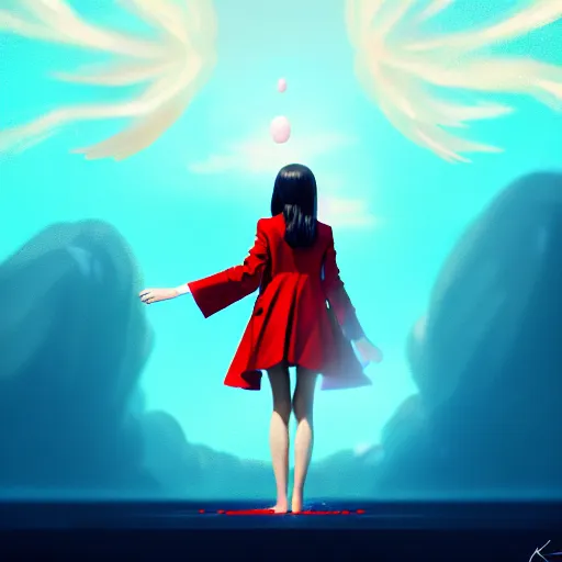 Image similar to giant droplets of water floating around a flying girl with wings, sky blue straight hair, low - angle shot from behind, red tailcoat, high collar, ultra fine detail, dark theme, digital painting, psychedelic, film still, cinematic, wlop, ilya kuvshinov, ross tran