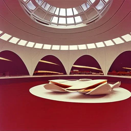 Image similar to interior of a futuristic lotus temple space station with gold, red and white marble panels, by buckminster fuller and syd mead, intricate contemporary architecture, photo journalism, photography, cinematic, national geographic photoshoot