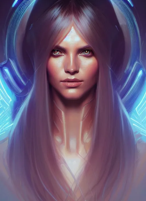 Image similar to futuristic woman portrait, sci-fi, amber eyes, face, long hair, fantasy, intricate, elegant, highly detailed, digital painting, artstation, concept art, smooth, sharp focus, illustration, art by artgerm and greg rutkowski and alphonse mucha