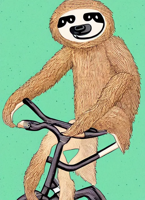 Image similar to drawing of a sloth urban outfitters style riding a bike going to the beach