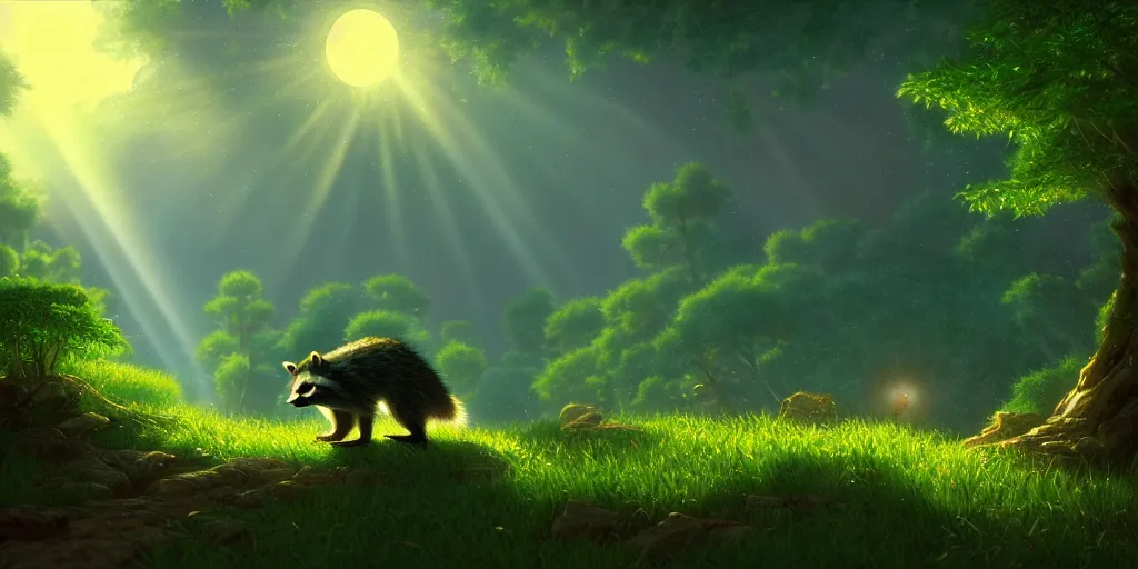 Image similar to raccoon, nature unique attractive, beautifully lit, by studio ghibli and albert bierstadt, 8 k volumetric lights unreal engine trending on art station