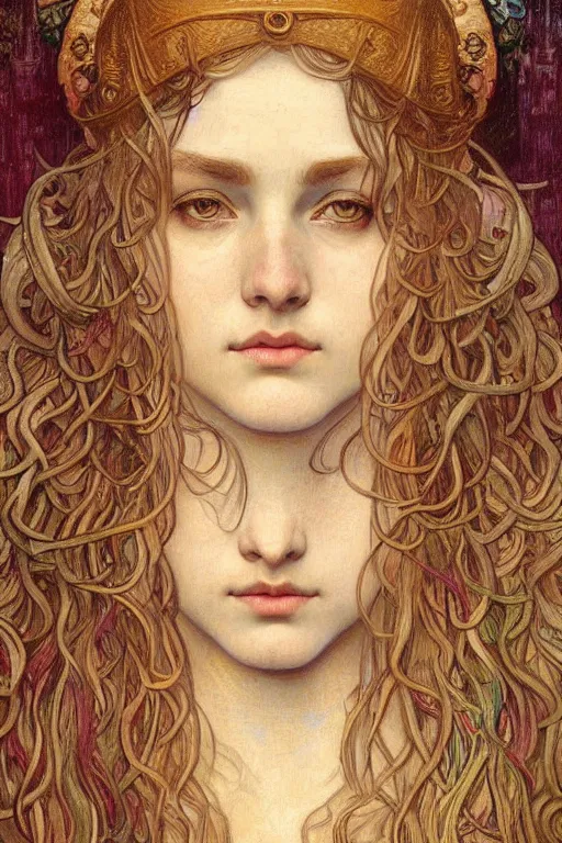 Image similar to detailed realistic beautiful young medieval queen face portrait by jean delville, alphonse mucha, vincent van gogh, and marco mazzoni, art nouveau, symbolist, visionary, gothic, pre - raphaelite