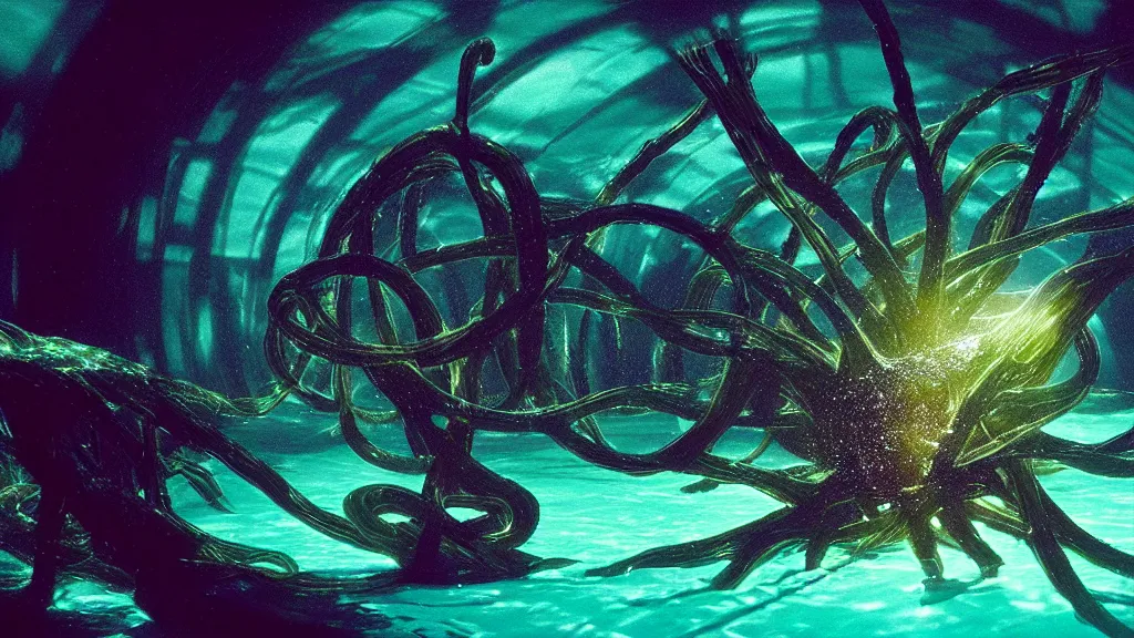 Prompt: the underwater creature, they swim, beams of light split through random glass and water, water caustics, film still from the movie directed by denis villeneuve and david cronenberg with art direction by salvador dali and dr. seuss, close up