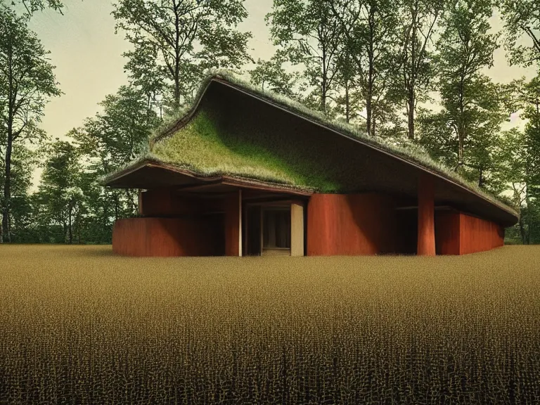 Image similar to hyperrealism design by frank lloyd wright and kenzo tange photography of beautiful detailed small house with many details around the forest in small ukrainian village depicted by taras shevchenko and wes anderson and caravaggio, wheat field behind the house, volumetric natural light