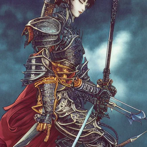 Image similar to a female knight without any battle experience who only wanted to see a dragon, symmetrical, cinematic colors, by yoichi hatakenaka, masamune shirow, josan gonzales and dan mumford, ayami kojima, takato yamamoto, barclay shaw, karol bak, yukito kishiro