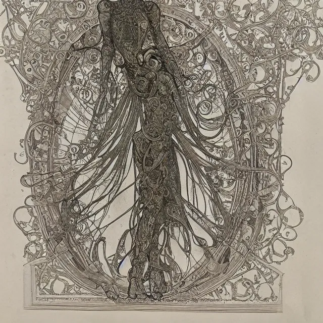 Image similar to beautiful, symmetric, art nouveau, detailed, intricate technical drawings on parchment from 1 8 4 0 with extensive written labels and covered in scribbled pencil notes in open space, for a humanoid drawing robot, by ron cobb and alphonse mucha