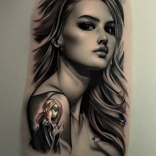 Prompt: tattoo design, stencil beautiful portrait of a girl by artgerm, artgerm