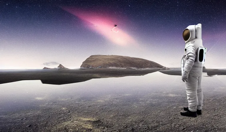 Image similar to Detailed digital painting of an astronaut tourist from the future standing in the Isle of Harris Scotland, a futuristic spaceship in the background, very wide angle lens