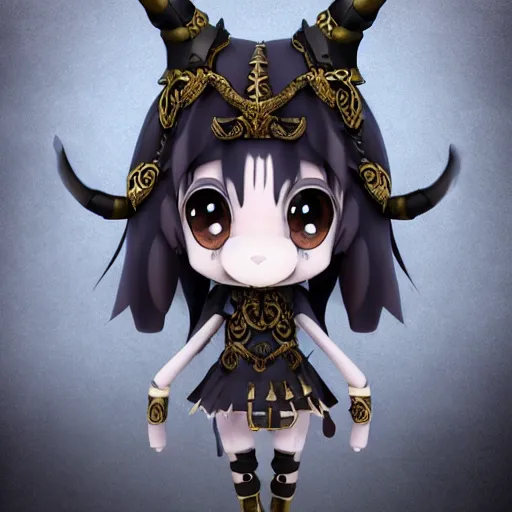Prompt: cute fumo plush of a goat girl with horns, anime girl, tribal outfit with intricate celtic knot patterns, golden pauldrons, gothic maiden shaman, pagan goddess, black and white, stark shadows, artstation, vray