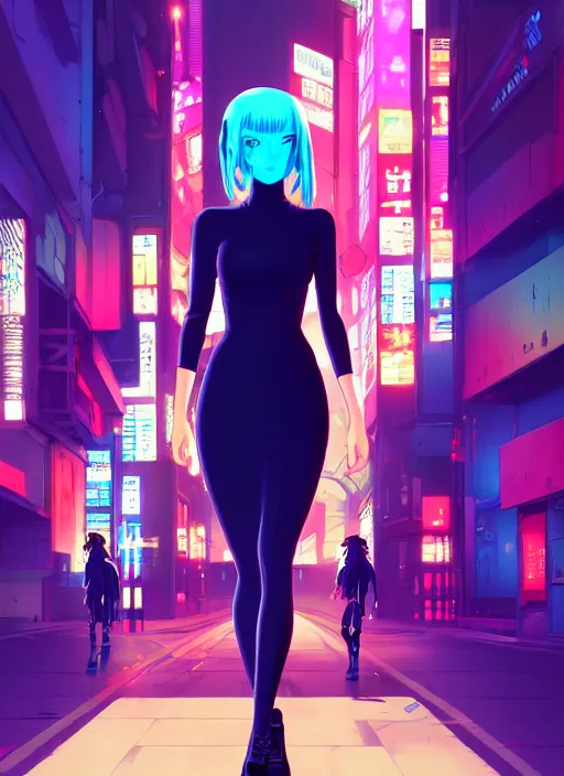 Prompt: digital illustration of cyberpunk pretty girl with blue hair, wearing a tight black dress, full body pose, in city street at night, by makoto shinkai, ilya kuvshinov, lois van baarle, rossdraws, basquiat