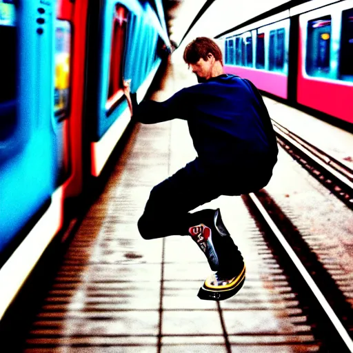 Image similar to tony hawk with his legs amputated on a subway train, photograph, saturated colors, emotional lighting, moody shadows, 4 k