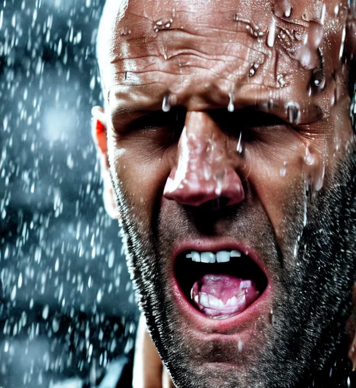 Image similar to cinematic still of jason statham as batman, close up, screaming in pain, dramatic rain, 8 k