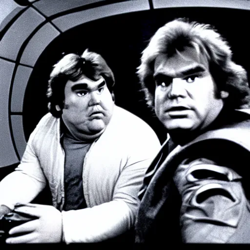Prompt: John Candy dressed as Barf from Spaceballs sits next to Han Solo in the Millenium Falcon, movie still ftom Star Wars (1977)