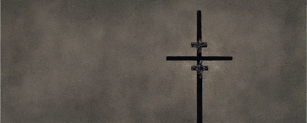 Image similar to a shiny silver cross, black minimalistic background, by Beksinski
