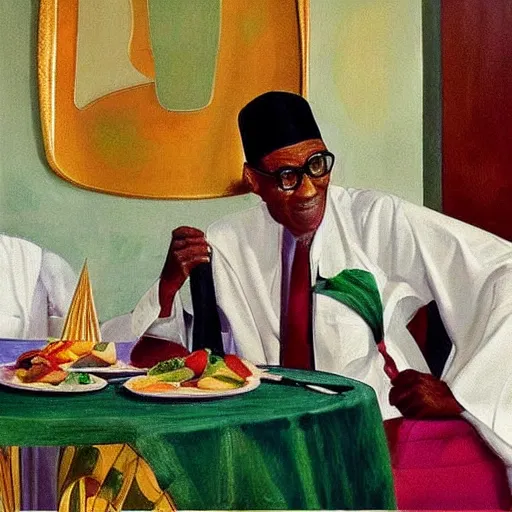 Prompt: president buhari eating at a regal buffet ultra detailed beautiful setting elegant event nigerian party minimalist gold ornaments iridescent lighting glamour in the style of edward hooper and henri matisse yinka shonibare oil painting