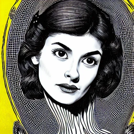 Image similar to portrait of young Audrey tautou by Joe fenton, b&w and yellow