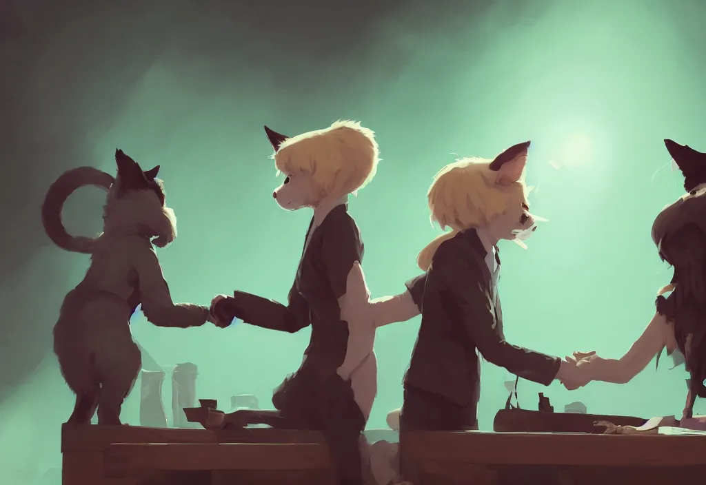 Image similar to portrait of joe biden shaking hand with a cute catgirl, epic debates, presidental elections candidates, cnn, fox news, fantasy, by atey ghailan, by greg rutkowski, by greg tocchini, by james gilleard, by joe gb fenton, dynamic lighting, gradient light green, brown, blonde cream, salad and white colors in scheme, grunge aesthetic