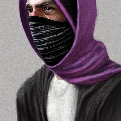 Image similar to ultra realistic illustration, man in a black hood, in a striped purple balaclava, mysterious, highly detailed, digital painting, artstation, concept art, smooth, sharp focus, illustration