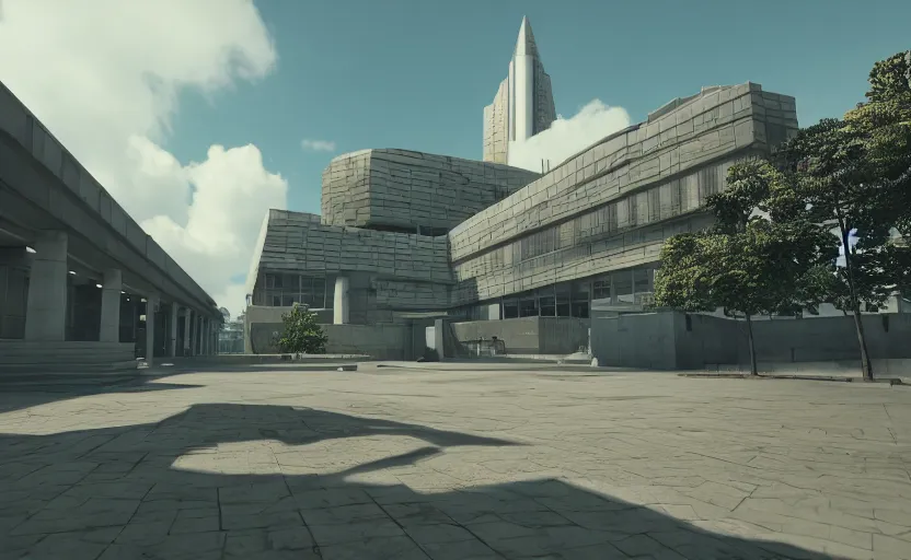 Image similar to screenshot of game on unreal engine 5, a large government building with a security checkpoint, no windows, garden terraces, inner city, photorealistic, retrofuturism, brutalism, minimalist, soft vintage glow