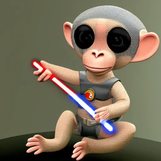 Image similar to a 3 d baby monkey wearing an cosmonaut outfit with a lightsaber, space, star wars, details