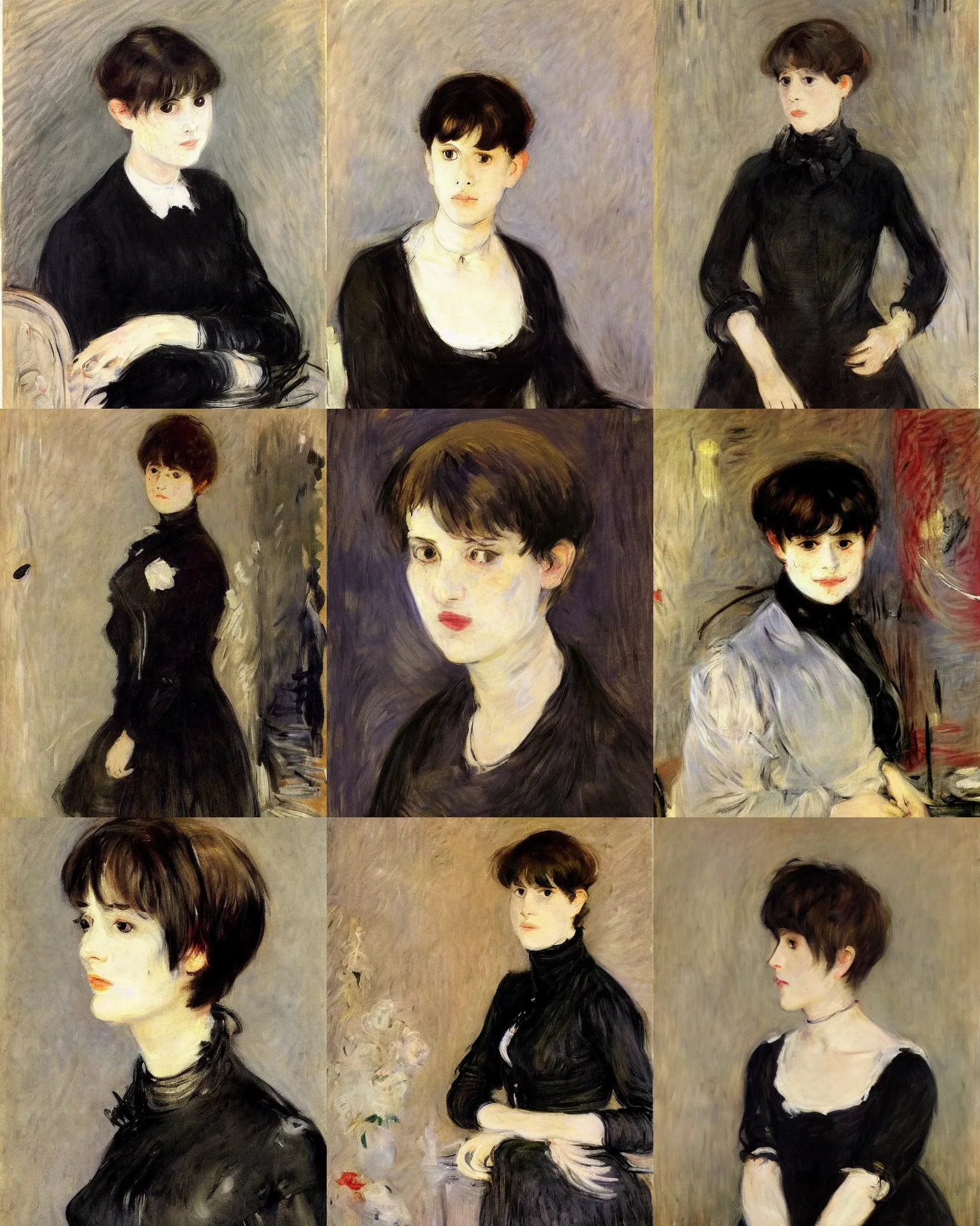 Prompt: A portrait by Berthe Morisot. Her hair is dark brown and cut into a short, messy pixie cut. She has a slightly rounded face, with a pointed chin, large evil entirely-black sclerae!!!!!!, and a small nose. She is wearing a black leather jacket, a black knee-length skirt, a black choker, and black leather boots.