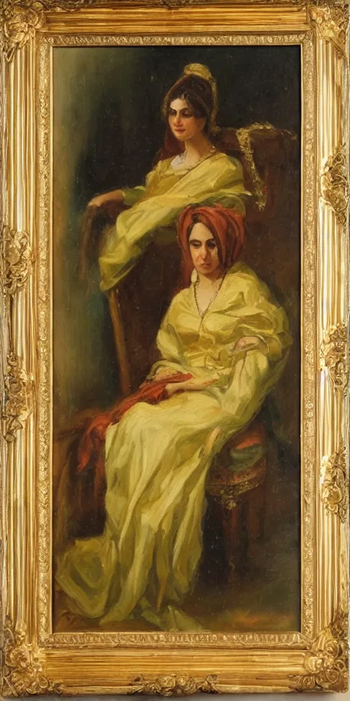 Image similar to romantic period style highly atmospheric oil painting of a middle eastern woman lounging on a chair, wearing a golden veil