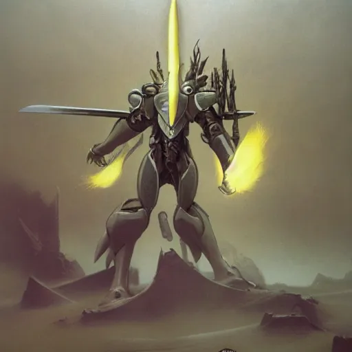 Prompt: concept art of omegamon, sword for left arm and a cannon for right arm, fantasy, valley, heavy fog, zdzislaw beksinski