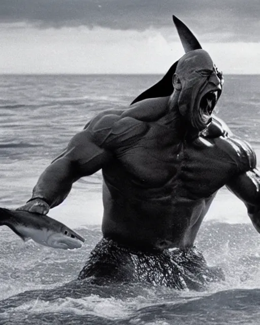 Image similar to film still close up shot of dwayne johnson wrestling with a shark in the movie jaws. photographic, photography