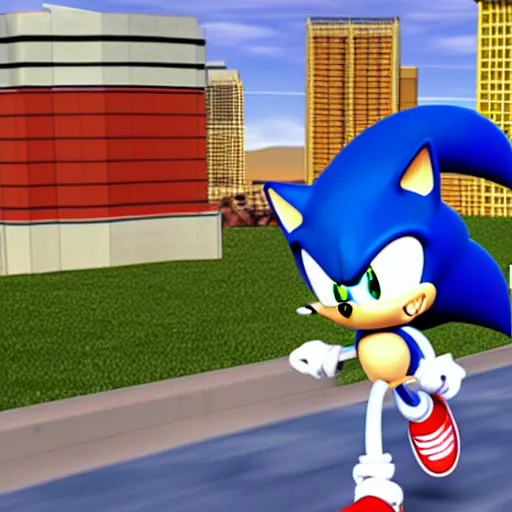 Prompt: sonic in 3d style running in las vegas nevada