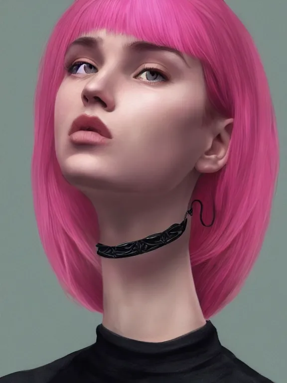 Image similar to beautiful russian girl with short pink hair and nose piercing, airpods, thin black choker, thin round earrings, winds of winter, au naturel, hyper detailed, digital art, trending in artstation, cinematic lighting, studio quality, smooth render, octane rendered, concept art, sharp focus, illustration, art by artgerm and greg rutkowski and wlop