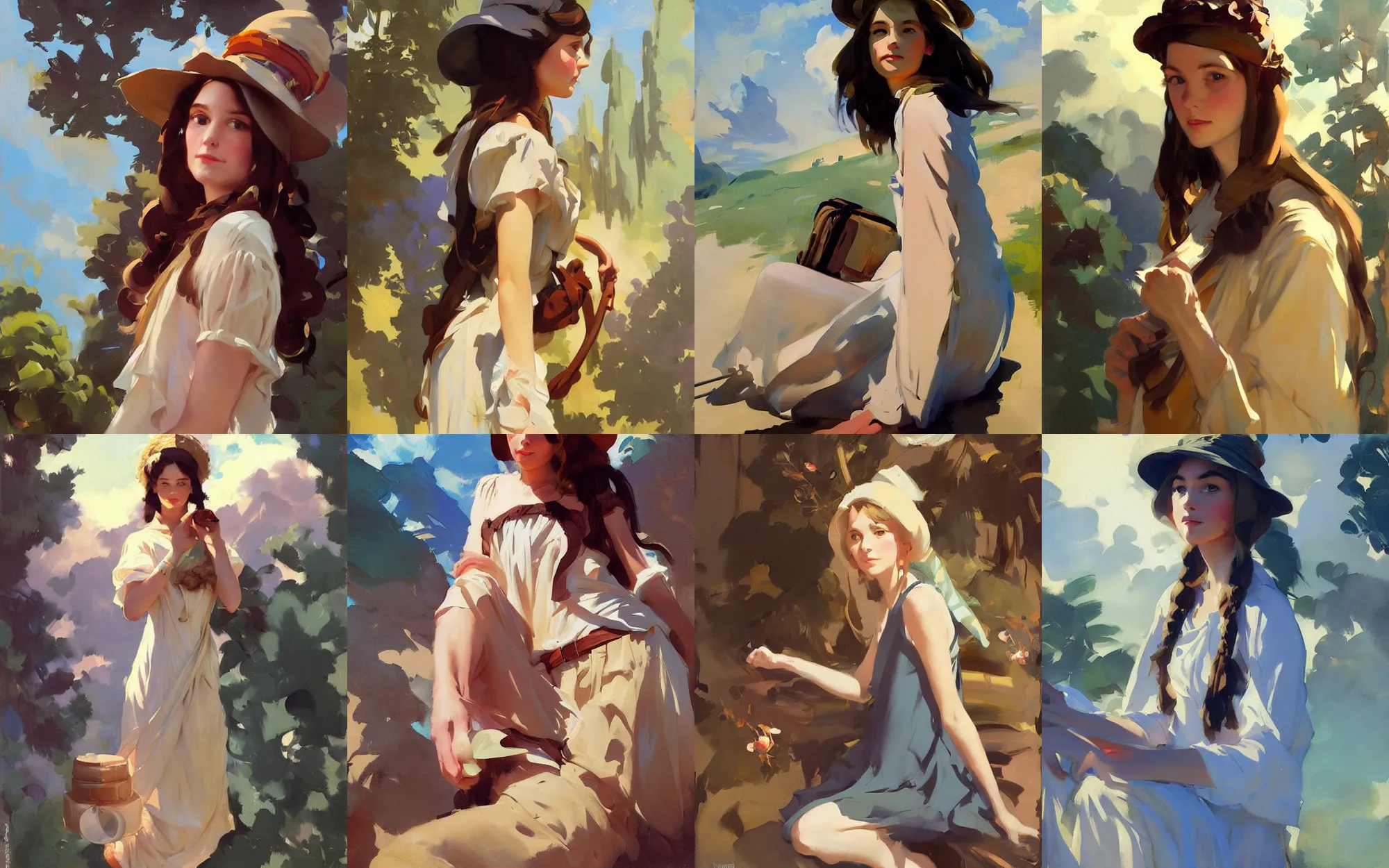 Prompt: portrait of vintage hippie girl traveler greg manchess painting by sargent and leyendecker, studio ghibli, fantasy, medium shot, asymmetrical, intricate, elegant, matte painting, illustration, hearthstone, by greg rutkowski, by greg tocchini, by james gilleard, by joe fenton