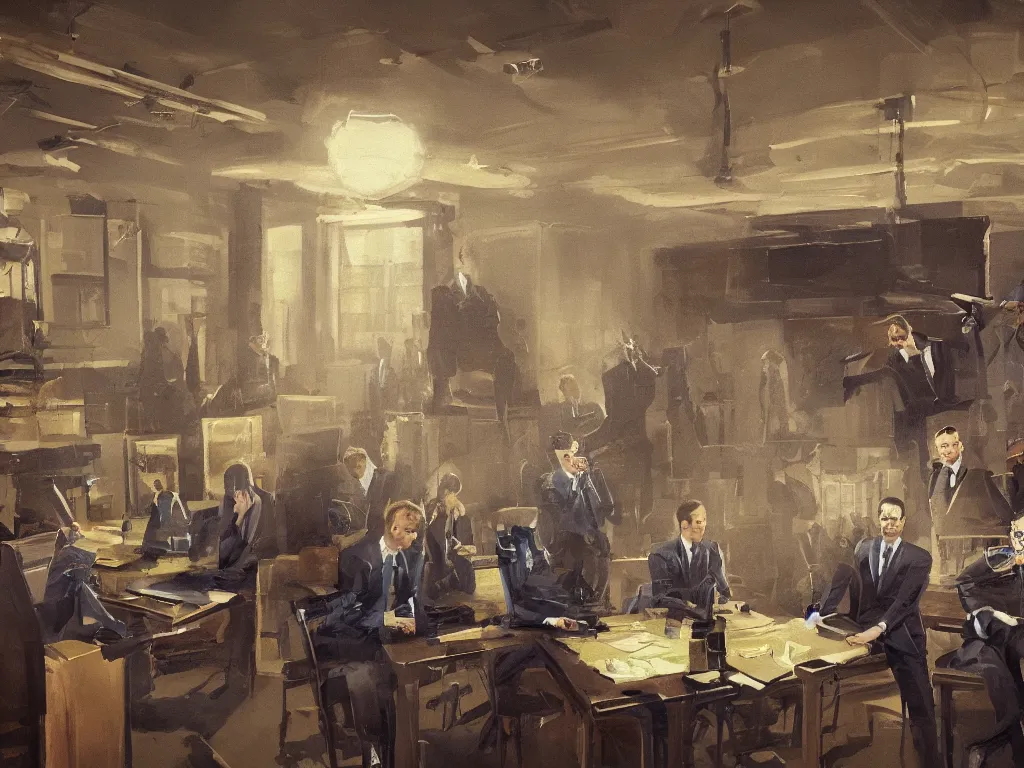 Prompt: a conspiracy of men in suits with tie sitting on a large table in a dark room in a painting from stalenhag, 4 k, 8 k, hdr, artstation, concept art