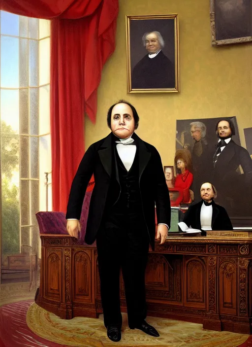 Image similar to portrait of the united states president, 1 8 6 7, danny devito. standing in the oval office. oil on canvas by william sidney mount, trending on artstation