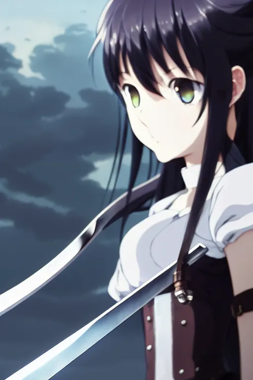 Image similar to a film still portrait of the catgirl with a giant sword of the black swordsman, finely detailed features, closeup at the faces, perfect art, gapmoe yandere grimdark, trending on pixiv fanbox, painted by greg rutkowski makoto shinkai takashi takeuchi studio ghibli, akihiko yoshida