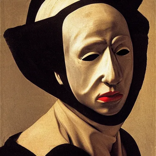 Prompt: man wearing a mask made of a plastic shopping bag painted by Caravaggio