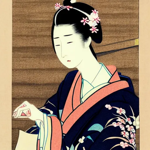 Image similar to geisha girl by ikenaga yasunari and ayana otake and ko rakusui, drawing, realistic, sharp focus, japanese, dreamy, nostalgia, faded, golden hues, floral clothes