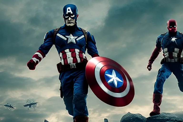 Image similar to film still of zombie Captain America in new avengers movie, 4k