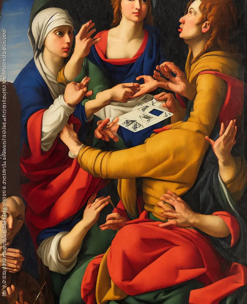 Image similar to oil painting renaissance fortune teller with tarot cards in the style of Guido Reni