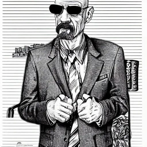 Image similar to The Artwork of R. Crumb and his Cheap Suit Breaking-Bad-Walter-White, pencil and colored marker artwork, trailer-trash lifestyle